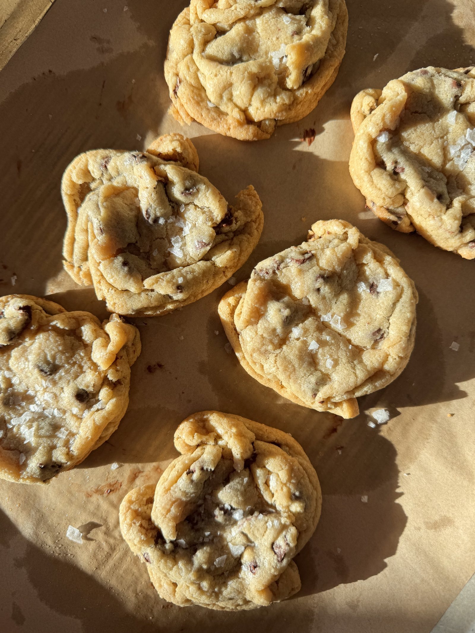 Fresh chocolate chip cookies with flaky salt