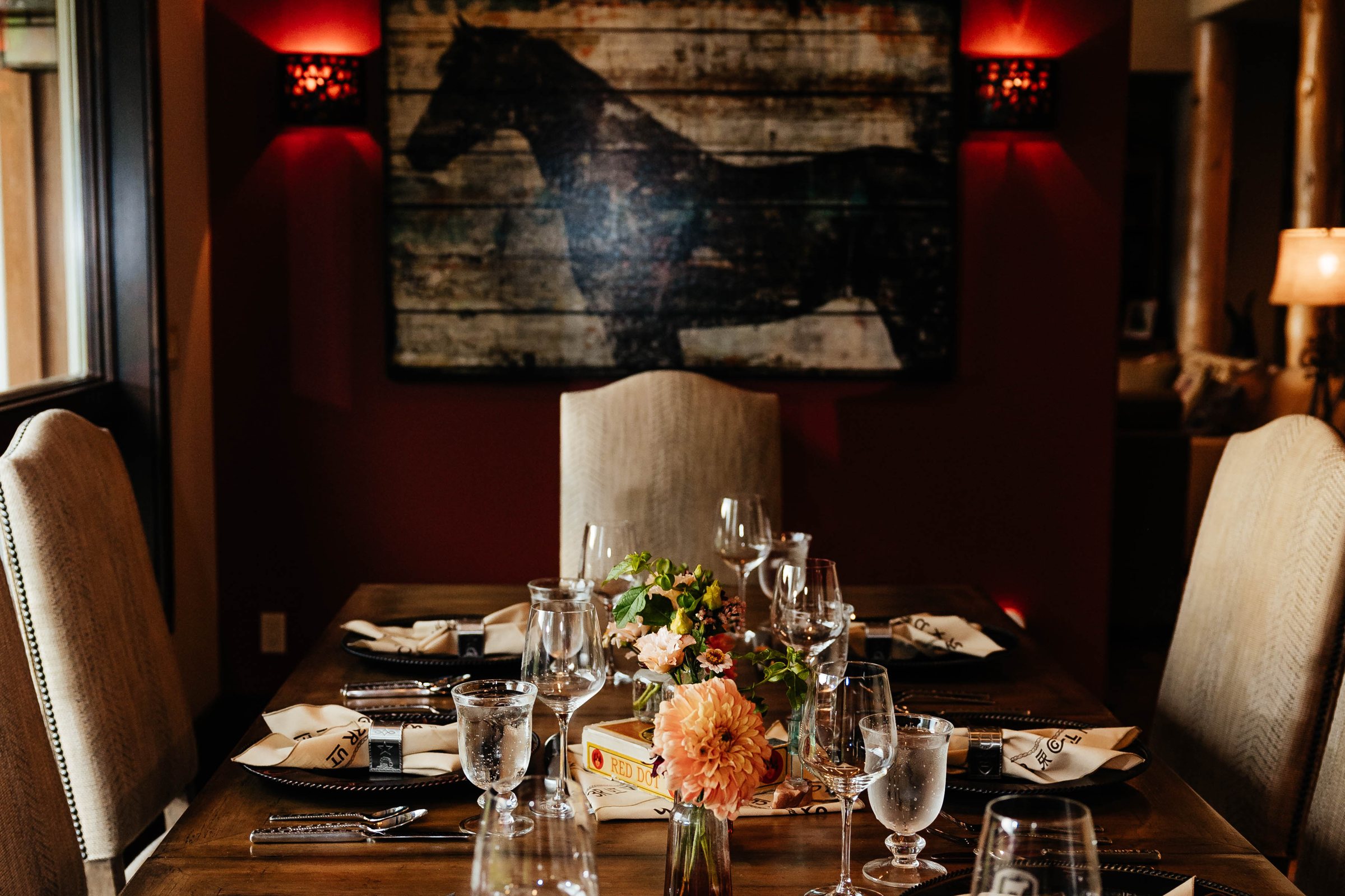 Dining room set for one of Campbell's private dinners